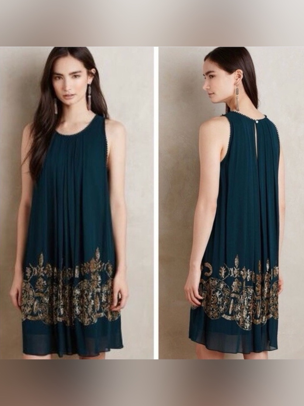 ANTHROPOLOGIE NOT SO SERIOUS Women’s Green Gold Beaded BRENTA Swing Dress Sz 14